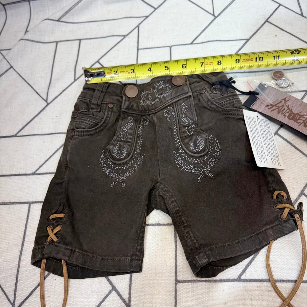Hangowear Lederhosen Shorts Size 98/104 Brown Embroidered Coated Denim Kinder - Picture 2 of 7